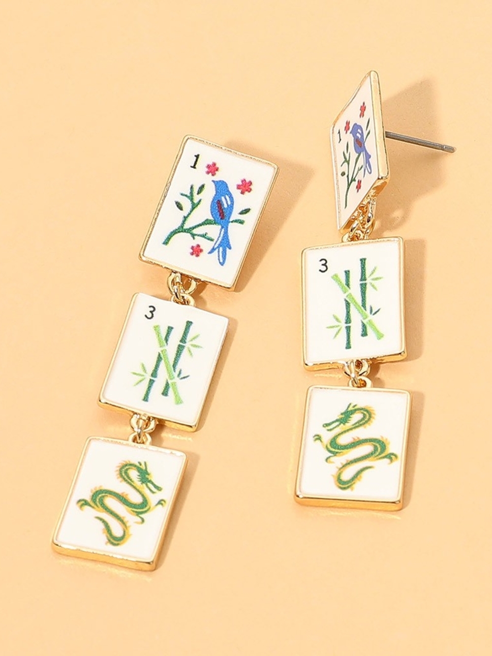 Green Colorful Mahjong Tile Link Triple 2.25" Dangle Earrings Gold Jewelry